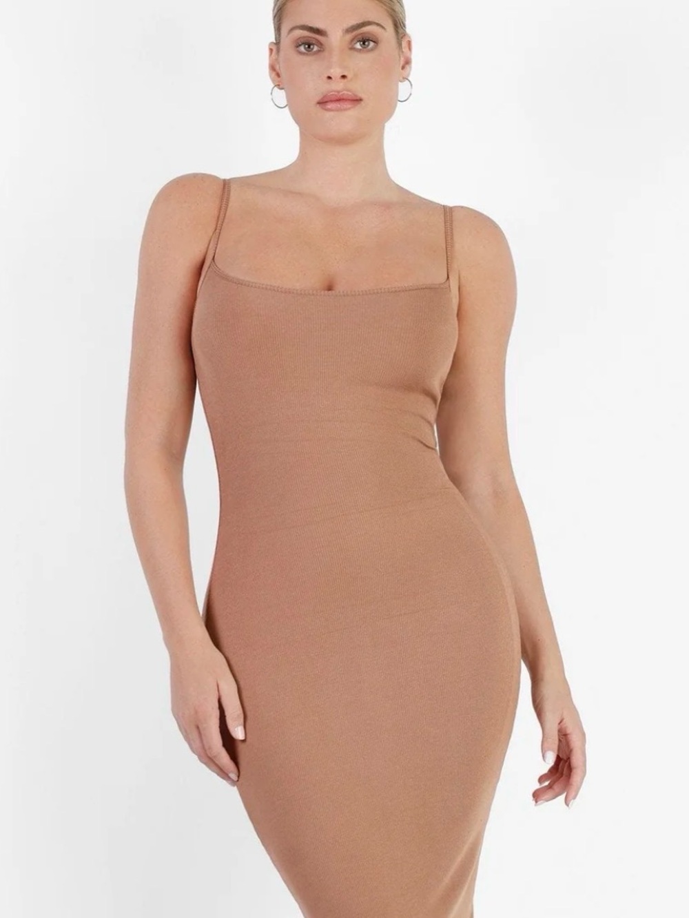 NWT Popilush Midi Bodycon solid modal midi Dress in Tan with built in Shapewear